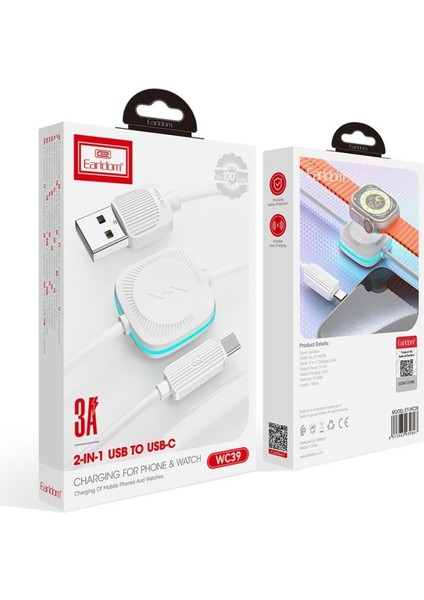 Earldom WC39 1.2m 15W USB To Type-C ve 2.5W Kablosuz Saat Şarj Çıkışlı 2in1 Hızlı Şarj Kablosu