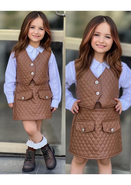 Kız Çocuk Deri Detaylı Kahverengi Etek ve Yelekli Takım