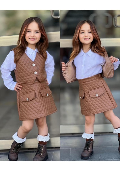Kız Çocuk Deri Detaylı Kahverengi Etek ve Yelekli Takım fiyatları
