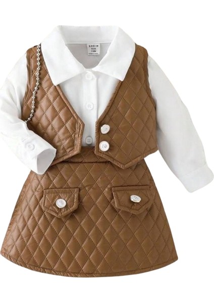 Kız Çocuk Deri Detaylı Kahverengi Etek ve Yelekli Takım modelleri
