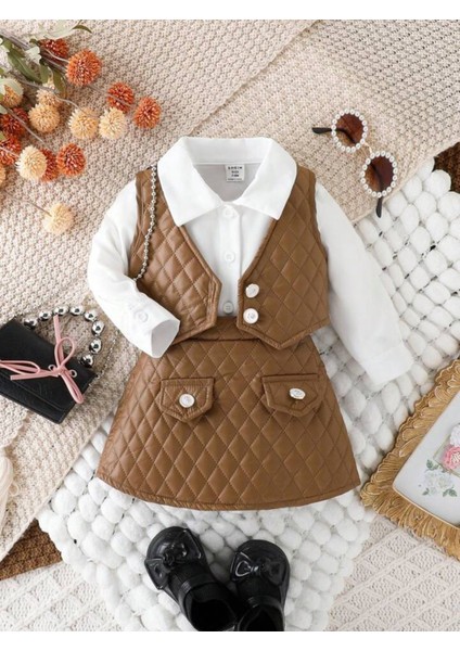 Kız Çocuk Deri Detaylı Kahverengi Etek ve Yelekli Takım fırsatları