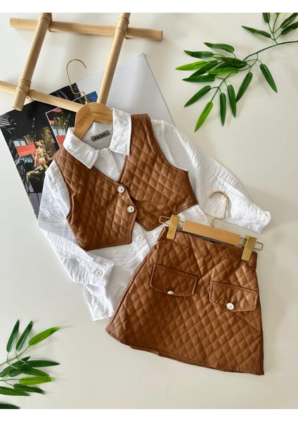 Kız Çocuk Deri Detaylı Kahverengi Etek ve Yelekli Takım indirimleri