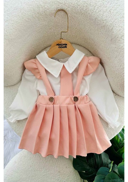 Kravat Detaylı Pileli Kız Çocuk Gömlekli takım - Pudra