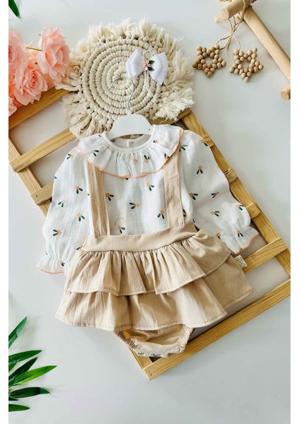 Çiçek Baskılı Pamuklu Kız Bebe Romper tulum takım - Bej
