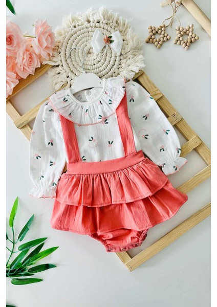 Çiçek Baskılı Pamuklu Kız Bebe Romper tulum takım - Nar Çiçeği