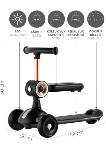 LED Işık 3 Tekerlekli Yükseklik Ayarlı Oturaklı Çocuk Scooter Siyah