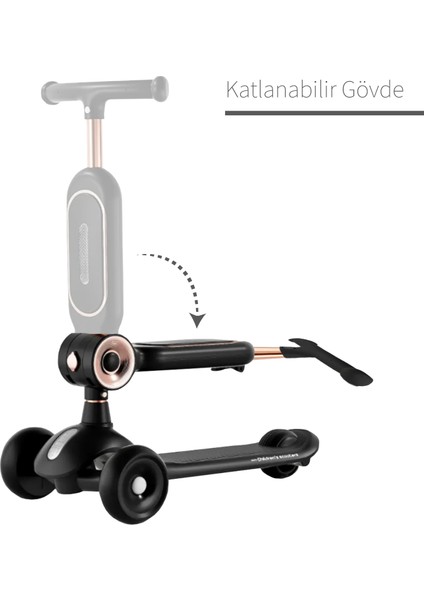 LED Işık 3 Tekerlekli Yükseklik Ayarlı Oturaklı Çocuk Scooter Siyah