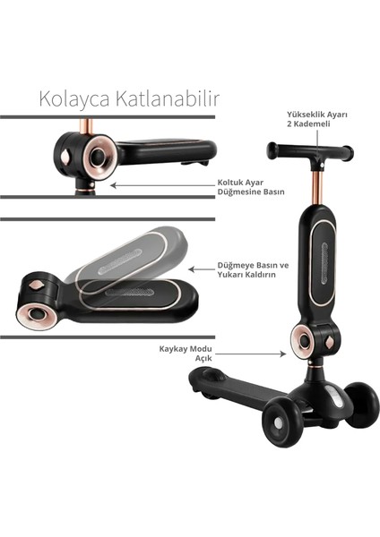LED Işık 3 Tekerlekli Yükseklik Ayarlı Oturaklı Çocuk Scooter Siyah