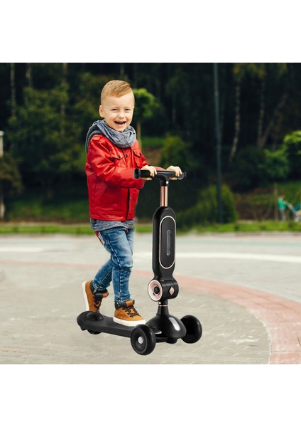 LED Işık 3 Tekerlekli Yükseklik Ayarlı Oturaklı Çocuk Scooter Siyah