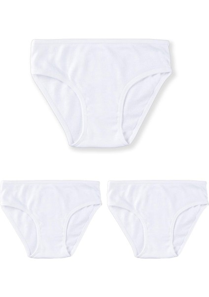 Kız Çocuk Organik Pamuklu Bikini Kesim Düz Basic Ribana Külot 3'lü Paket 5201 Beyaz
