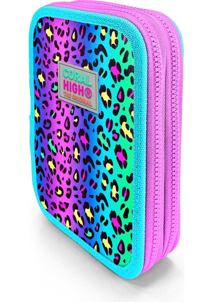Kids Renkli Leopar Desenli Çift Katlı Kalem Çanta 11143 modelleri