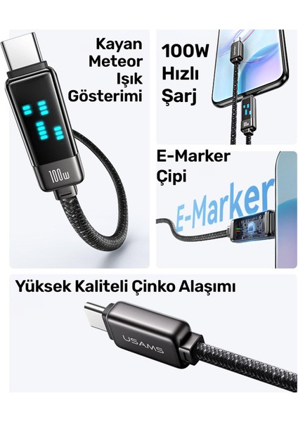 US-SJ744 Type-C To Type-C 100W Meteor Efekt Ekranlı 1.2m Hızlı Şarj ve Data Kablosu Titanium modelleri