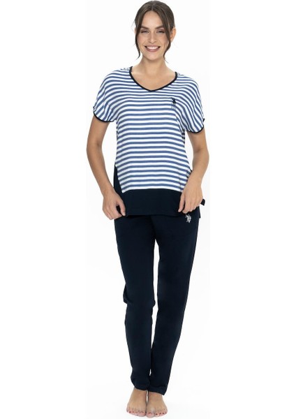 V Yaka Kısakol Çizgili Cepli Kadın Pijama Takım, Üst Viskon, Alt Pamuk Kumaş