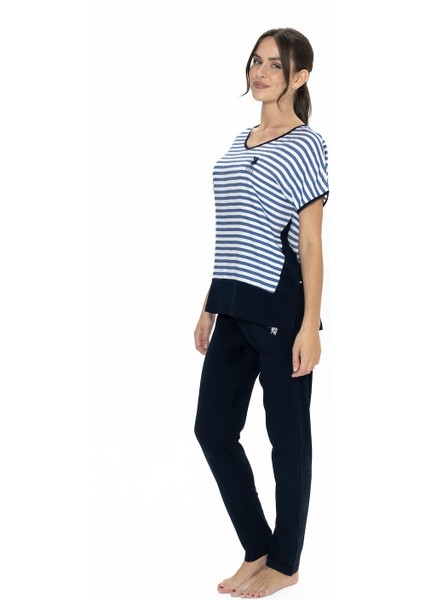 V Yaka Kısakol Çizgili Cepli Kadın Pijama Takım, Üst Viskon, Alt Pamuk Kumaş modelleri