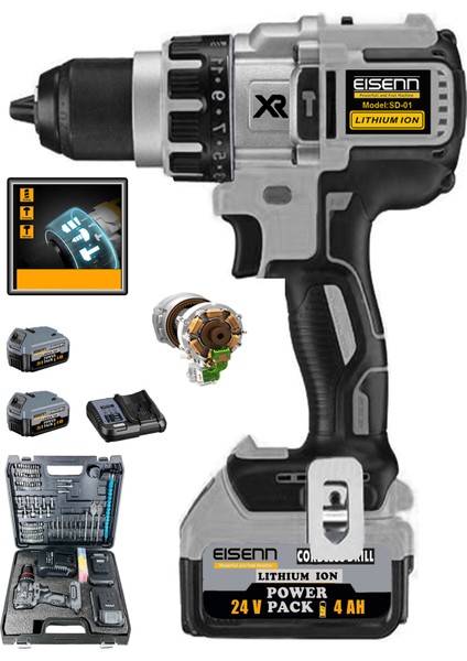 Germany Grey 24 V4 Ah Orginal 13 mm Metal Mandren Brushless Motor Akülü Darbeli Matkap 10 Pilli