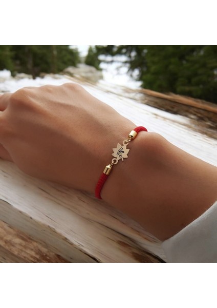 Özel Yaprak Figürlü, Kırmızı Örgü Detayıyla 14 Ayar Altın Plakalı Serbest Sembollü Bileklik fiyatları