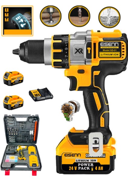 Alman Yellow 24 V4 Ah Orginal 13 mm Metal Mandren Brushless Motor Akülü Darbeli Matkap 10 Pilli