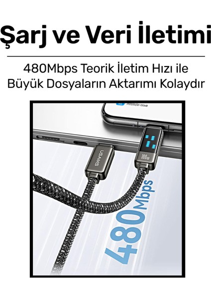 US-SJ744 Type-C To Type-C 100W Meteor Efekt Ekranlı 1.2m Hızlı Şarj ve Data Kablosu Antrasit fırsatları