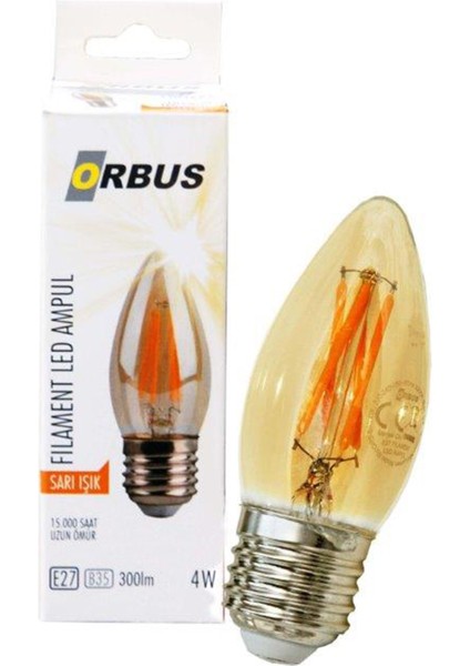 C37 4W Filament Bulb Amber E27 300LM RA80 220 - 240V/50Hz Ampul - 2200K Sarı Işık