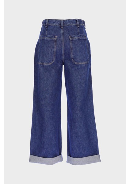 Weslie Koyu Mavi Yüksek Bel Patı Düğmeli Crop Wideleg Jean Pantolon C 4530-217 fiyatları
