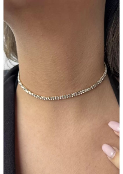 Altın Renk 2 Sıra Taş Detaylı Choker Kolye