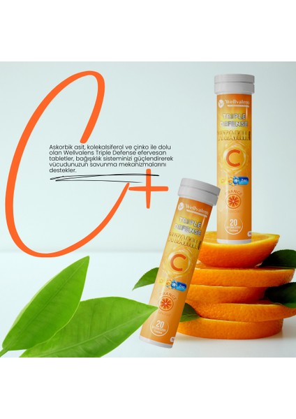 Triple Defence – C Vitamini, D Vitamini ve Çinko İçeren Portakal Aromalı 20 Efervesan Tablet