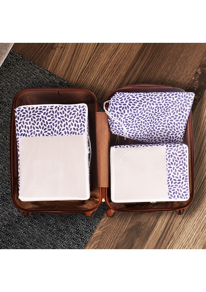 3'lü Yaprak Desenli Lacivert Valiz Düzenleyici Bavul İçi Organizer Set Seyehat Hurcu