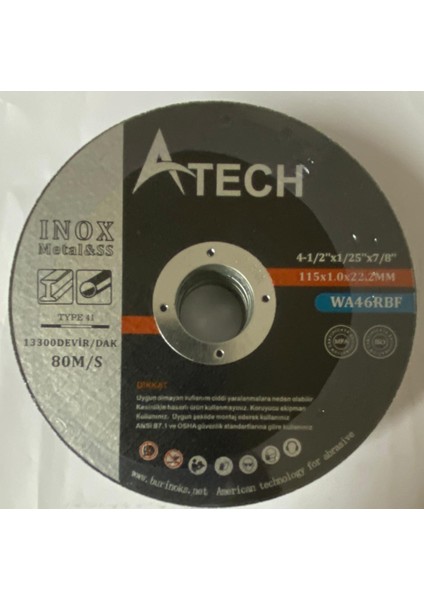 A TECH İNOX KESİCİ DİSK TAŞ 115X1.0X22.2mm 25 ADET