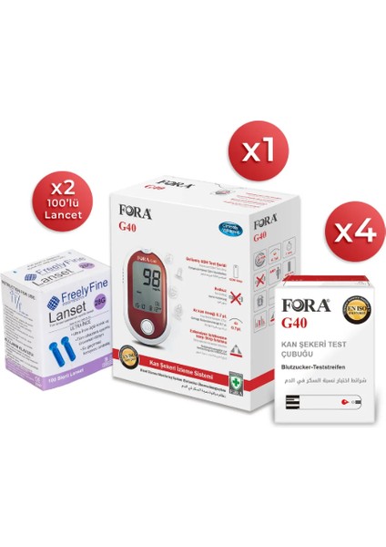 G40 Comfort Şeker Diabet Ölçüm Cihazı + 200 Strip + 200 Lancet Parmak Delme Iğnesi