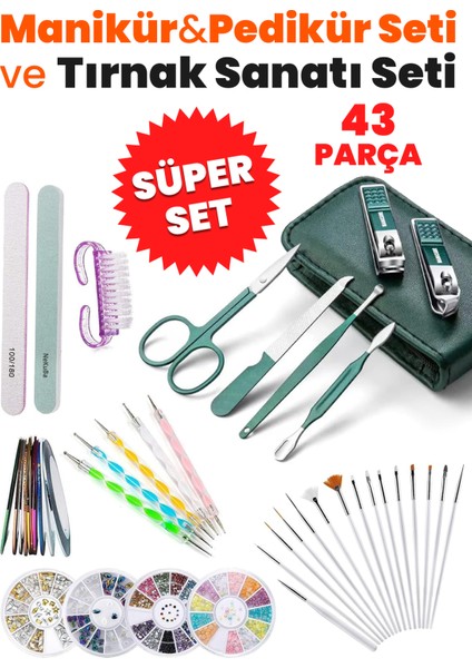 Süper Set 6in1 Çantalı Paslanmaz Çelik Profesyonel Manikür Pedikür Seti ve 37 Parça Nail Art Tırnak Süsleme Sanatı Tasarım Seti