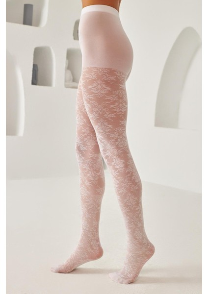 Kadın Dantel Detaylı İnce Külotlu Çorap Beyaz