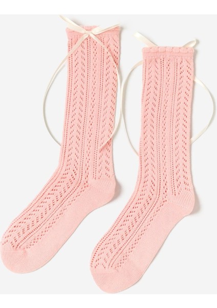 Kız Çocuk Fiyonklu Triko Soket Çorap Pembe