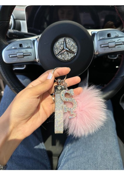 Anahtarlık Yaldız Taşlı, Harfli, Açık Pembe Tilki Tüyü Ponponlu