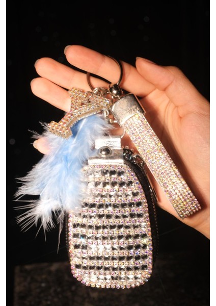 Yaldızlı Anahtar Çantası , Swarovski Anahtarlık, Harfli, Tüy Seçenekli