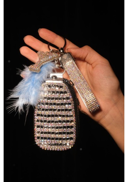Yaldızlı Anahtar Çantası , Swarovski Anahtarlık, Harfli, Tüy Seçenekli