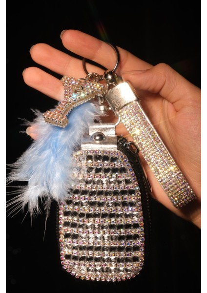 Yaldızlı Anahtar Çantası , Swarovski Anahtarlık, Harfli, Tüy Seçenekli