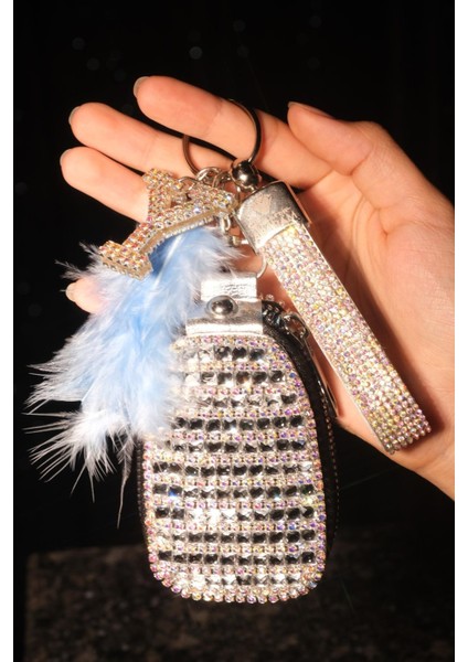 Yaldızlı Anahtar Çantası , Swarovski Anahtarlık, Harfli, Tüy Seçenekli