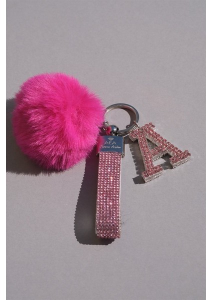 Pembe Taşlı & Logosuz Anahtarlık & Minik Ponpon Fuşya & Pembe Harf