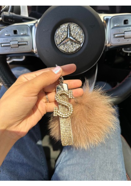 Gold Taşlı, Harfli, Camel Tilki Tüyü Ponponlu Anahtarlık fiyatları