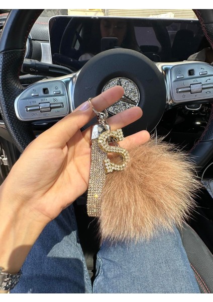 Gold Taşlı, Harfli, Camel Tilki Tüyü Ponponlu Anahtarlık fırsatları