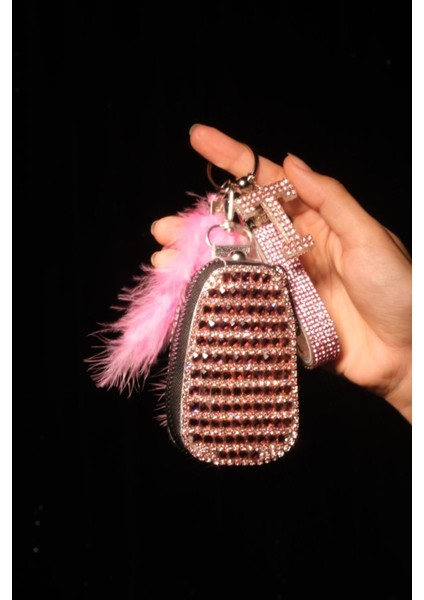 Fuşya Anahtar Çantası , Swarovski Anahtarlık, Harfli, Tüy Seçenekli