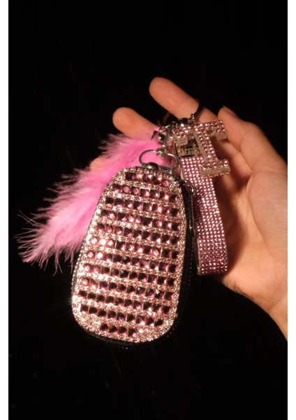 Fuşya Anahtar Çantası , Swarovski Anahtarlık, Harfli, Tüy Seçenekli