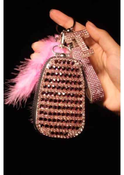 Fuşya Anahtar Çantası , Swarovski Anahtarlık, Harfli, Tüy Seçenekli