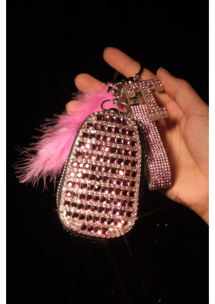 Fuşya Anahtar Çantası , Swarovski Anahtarlık, Harfli, Tüy Seçenekli