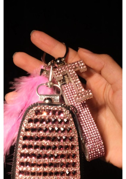Fuşya Anahtar Çantası , Swarovski Anahtarlık, Harfli, Tüy Seçenekli