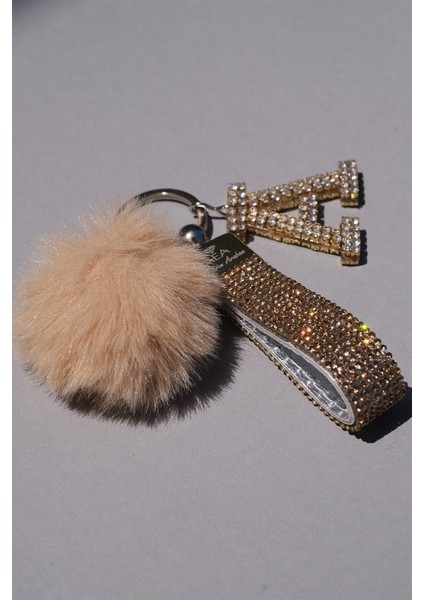Gold Taşlı & Logosuz Anahtarlık & Camel Minik Ponpon & Gold Harf