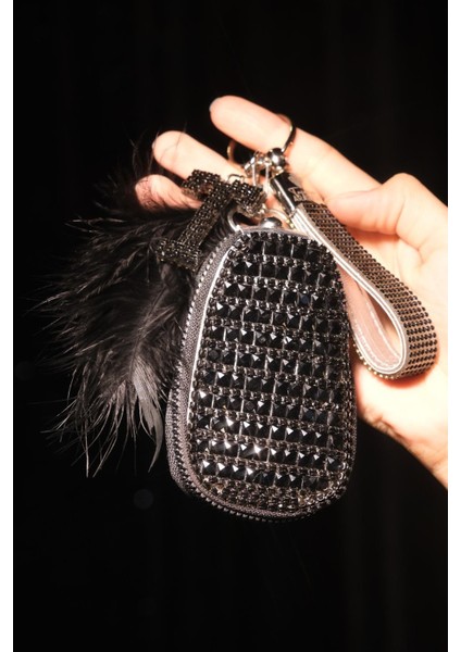 Siyah Anahtar Çantası , Swarovski Anahtarlık, Harfli, Tüy Seçenekli fiyatları