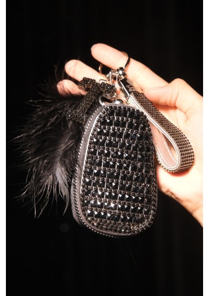 Siyah Anahtar Çantası , Swarovski Anahtarlık, Harfli, Tüy Seçenekli fırsatları
