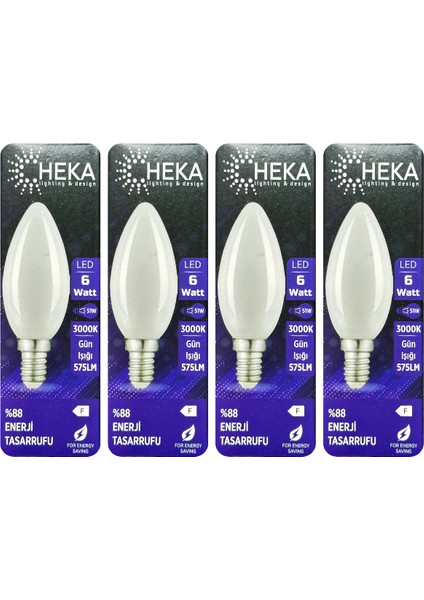 (4 Adet) Heka 6W (51W) 3000K (Gün Işığı) E14 Duylu (İnce Duy) Soft Mum Ampul