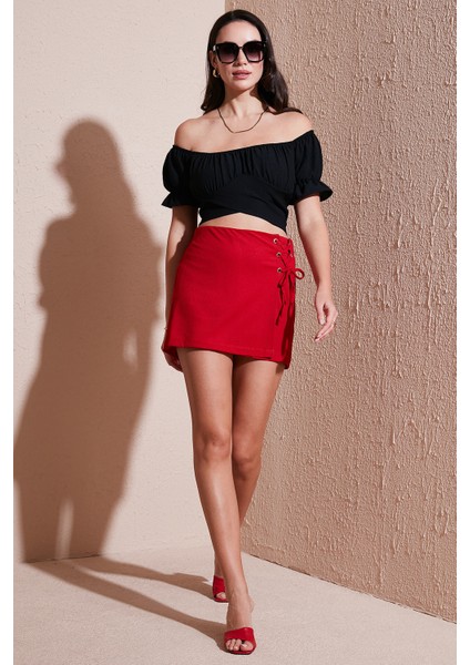 Streç Bağlamalı Slim Fit Yüksek Bel Mini Şort Etek Bayan Şort Etek 5865745